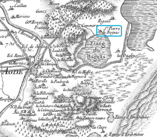 Extrait de la carte de Cassini (XVIIIe s.) avec localisation de l’ancienne église du Bagnas